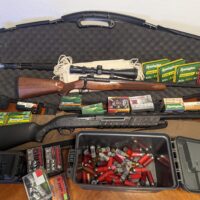 Mossberg Patriot bolt action, shotgun, ammo, and cabinet bundle